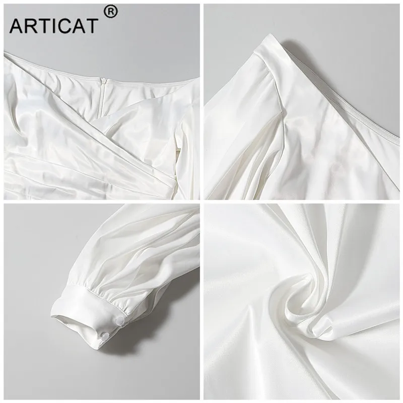 

Articat Sexy V-neck Lantern Sleeve Mini Dress Women White High Waist Women Skirt Spring Partywear Casual Cut-shouldered Dress