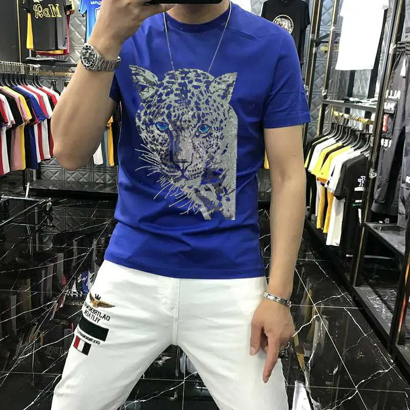 

Men's Summer Hip Hop Slim 2021 T-Shirt Personality Classic 4 Color Trend Leopard Hot Rhinestone Short Sleeve