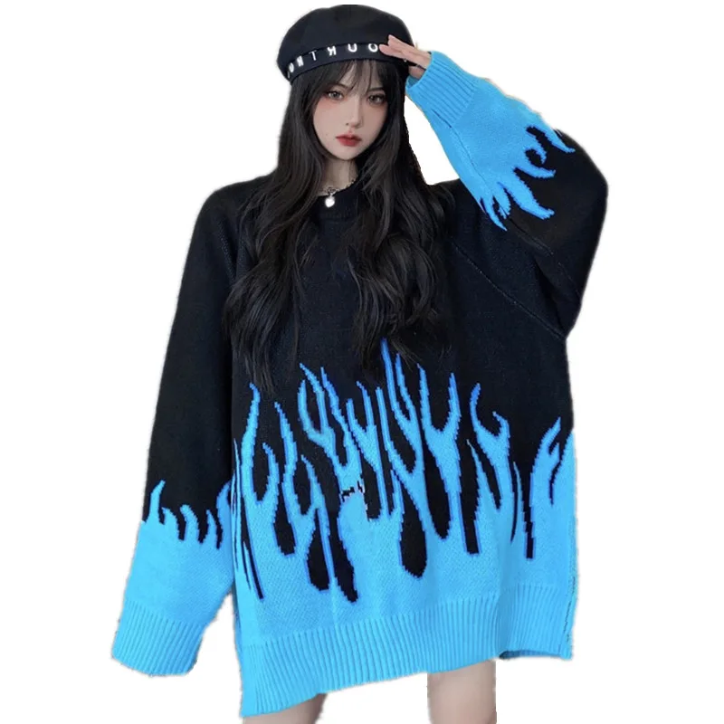

SHZQ Spring Burning Fire Pattern Sweater Harajuku Hip Hop Blue Flame Sweaters Women Outfits Oversized Loose Pullover Knitwear