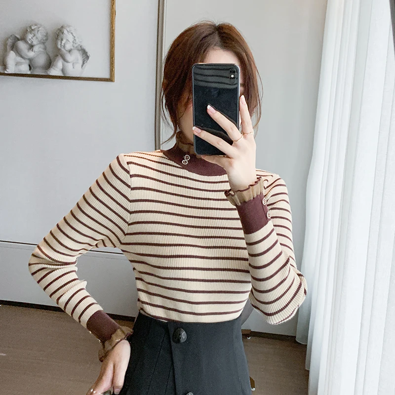 

New Elegant Fashion Women Autumn/Winter Half Turtleneck Lace Base Shirt Striped Long Sleeve Knit Sweater Ladies Sweater