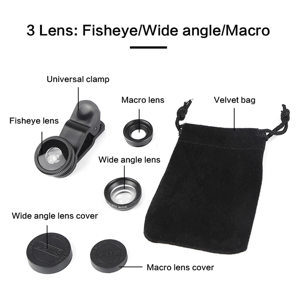 

Universal Mobile Phone Camera Lens Kit Clip On 180 Degree Fish Eye Lens+0.65X Wide Angle+Macro For Smartphone Tablet Black