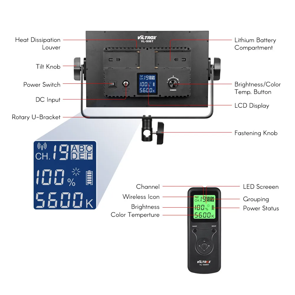 Viltrox VL-S50T двухцветная 276 Светодиодная панель для видеосъемки 3300-5600K w/беспроводной