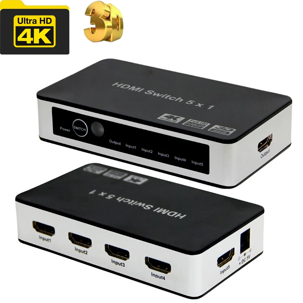 5-портовый 5x1 HDMI коммутатор сплиттер селектор коробка концентратор HDMI 1,4 V 3D 1080P 4k X 2 k/30 hz с пультом дистанционного управления и блоком питания