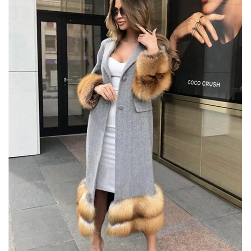 Tatyana Furclub Real Red Fox Fur Jackets Women Fashion Cashmere Coats Women Elegant Covered Buttons Long Jackets Female Ladies enlarge