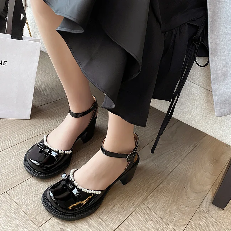 

Asumer 2021 Black Lolita Shoes Women Sandals Patent Leather Bowknot Pearl Buckle Round Toe Thick High Heels Sandals Ladies Shoes