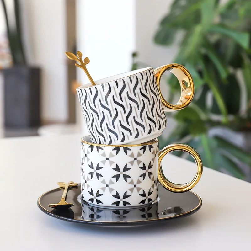 

150ml Gold Coffee Cup Plate Simple Ceramic Cup Office Mixing Water Cup Set Restaurant Luxury Cup Coffee Cup Mug