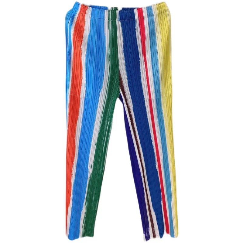 2021 spring and summer new women's striped printed pants Miyak fold Fashion plus size slim nine-point pants straight-leg pants