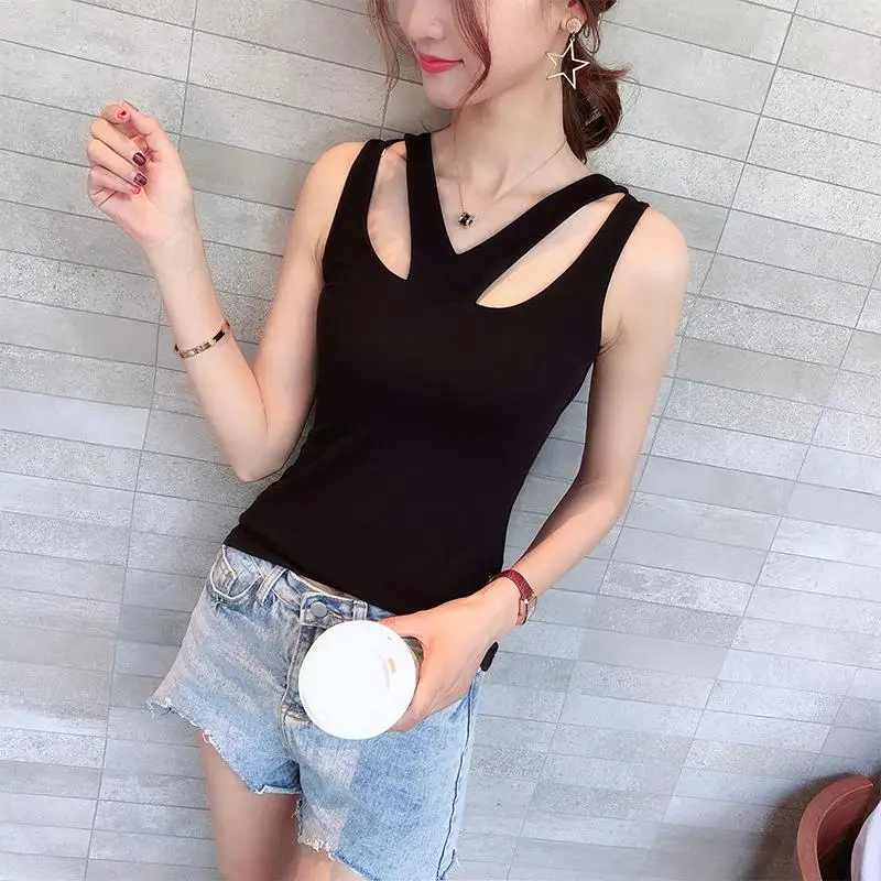

Make summer han edition of the new solid color joker render unlined upper garment v-neck hollow out thin coat T-shirt sleeveless