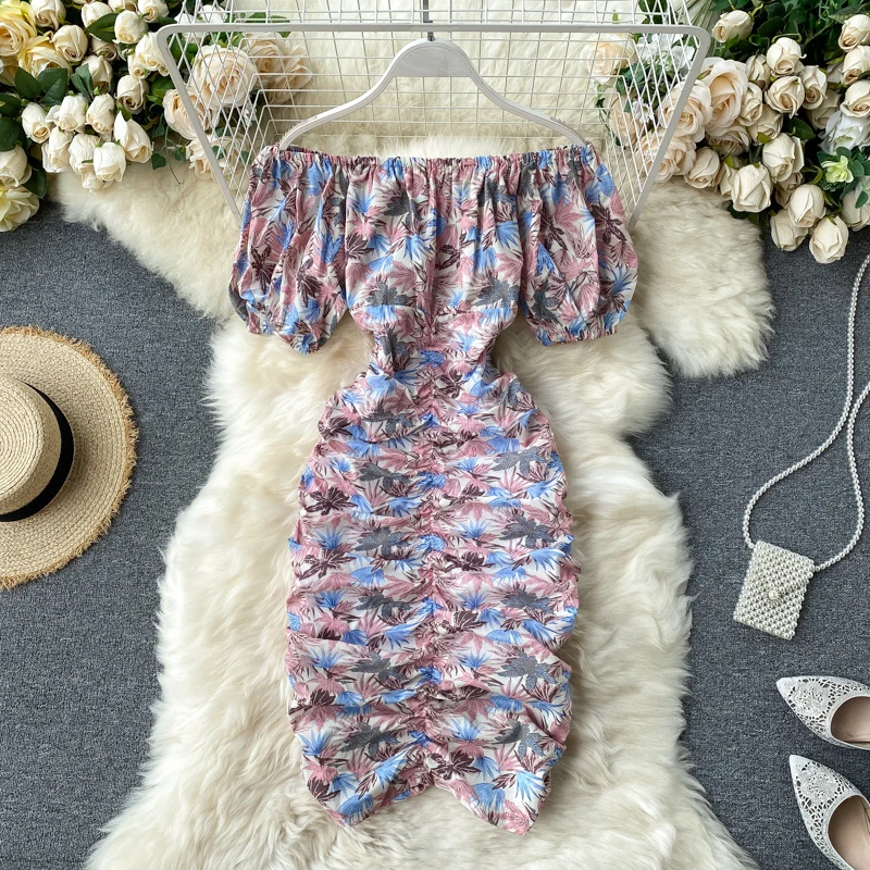 Женское платье с цветочным принтом плиссированное облегающее высокой талией