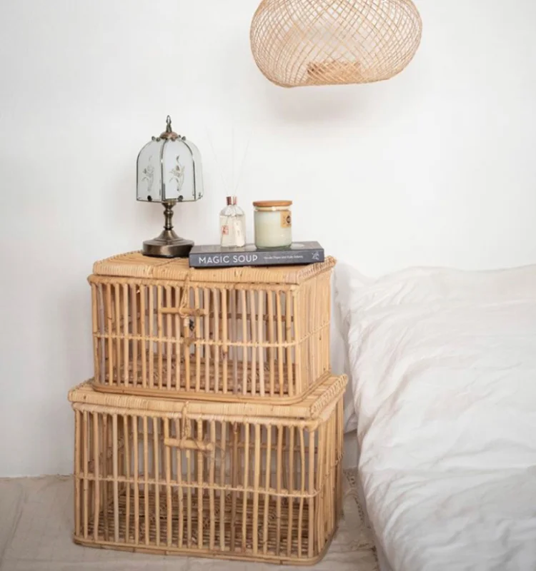 

household Eco-Friendly Shelf baskets Hand-woven rectangular rattan storage basket with lid, debris storage box house ornaments