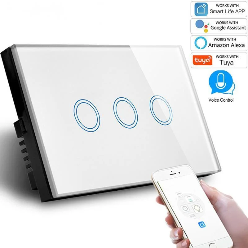 

US Standard 3 Gang WIFI Switch 2.4GHz Tempered Crystal Glass Panel AC 110-240V Compatible Alexa Google Assistant Switch