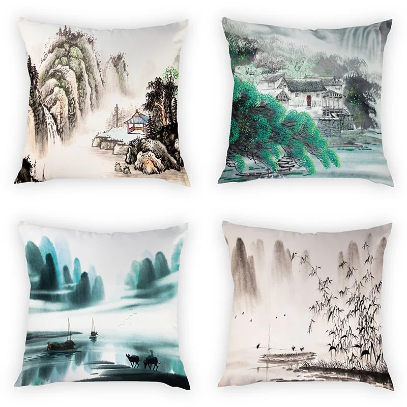 

Chinese Style Classical Landscape Painting Cushion Cover Pillow Cover Chair Seat Bedroom Decoration Peach Skin Pillow Cover