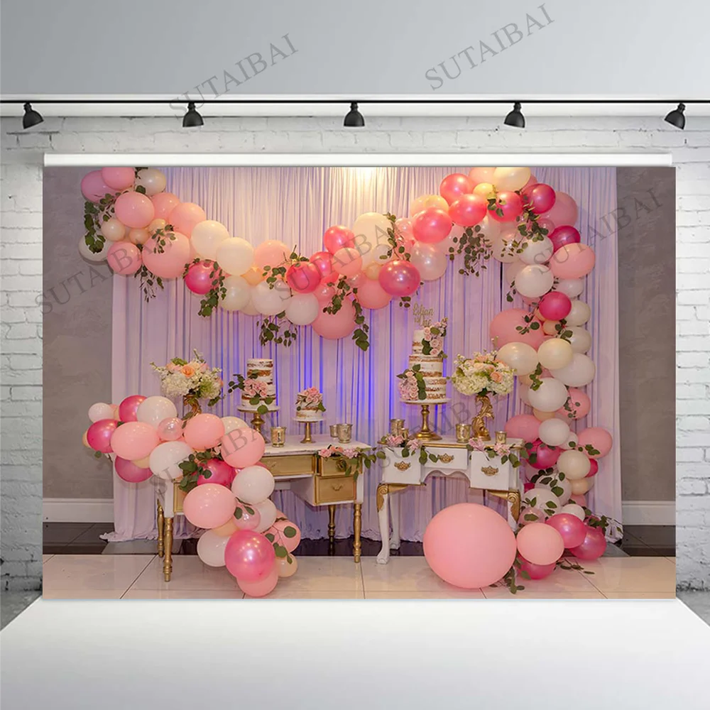 

Baby Shower Backdrops Pink Balloons Birthday Cake Smash Curtain Decor Photocall Props Photography Background For Photo Studio