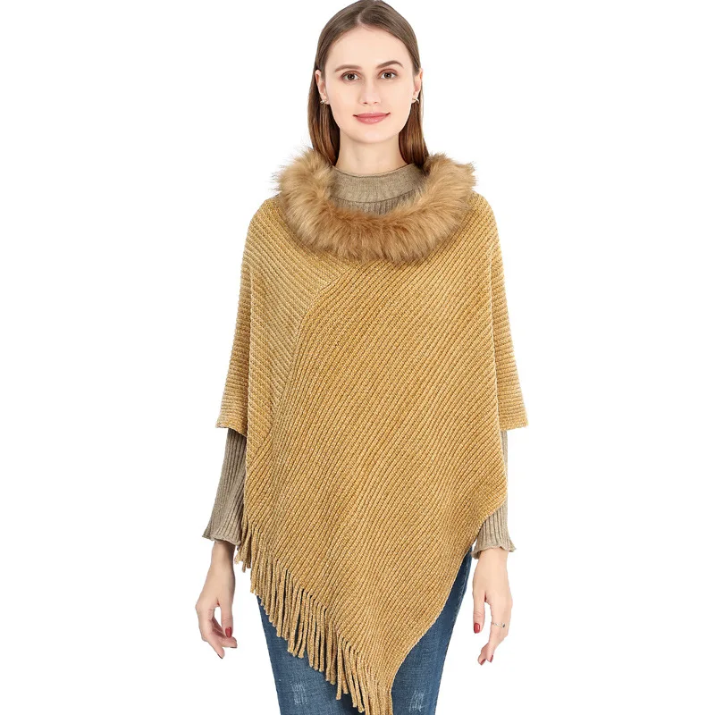 

Elegant Knit Fur Collar Ponchos Solid Capes Irregular Shawl Women Tassel Cloak Female Sweater Autumn Winter Lady Scarf