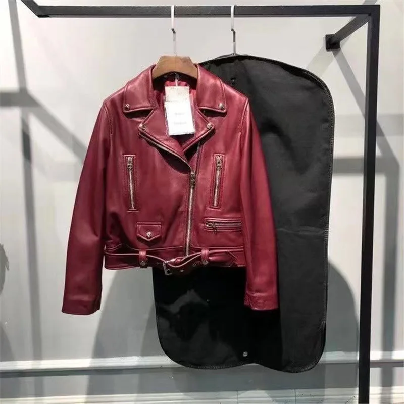

Wuyue May Real Leather Jacket with logo Spring And Autumn Women Leather Jacket Ladies Genuine Leather Jacket with belt