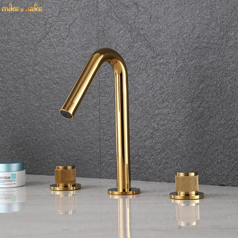 Смеситель для ванной комнаты с двойной ручкой широкий золотистый кран раковины