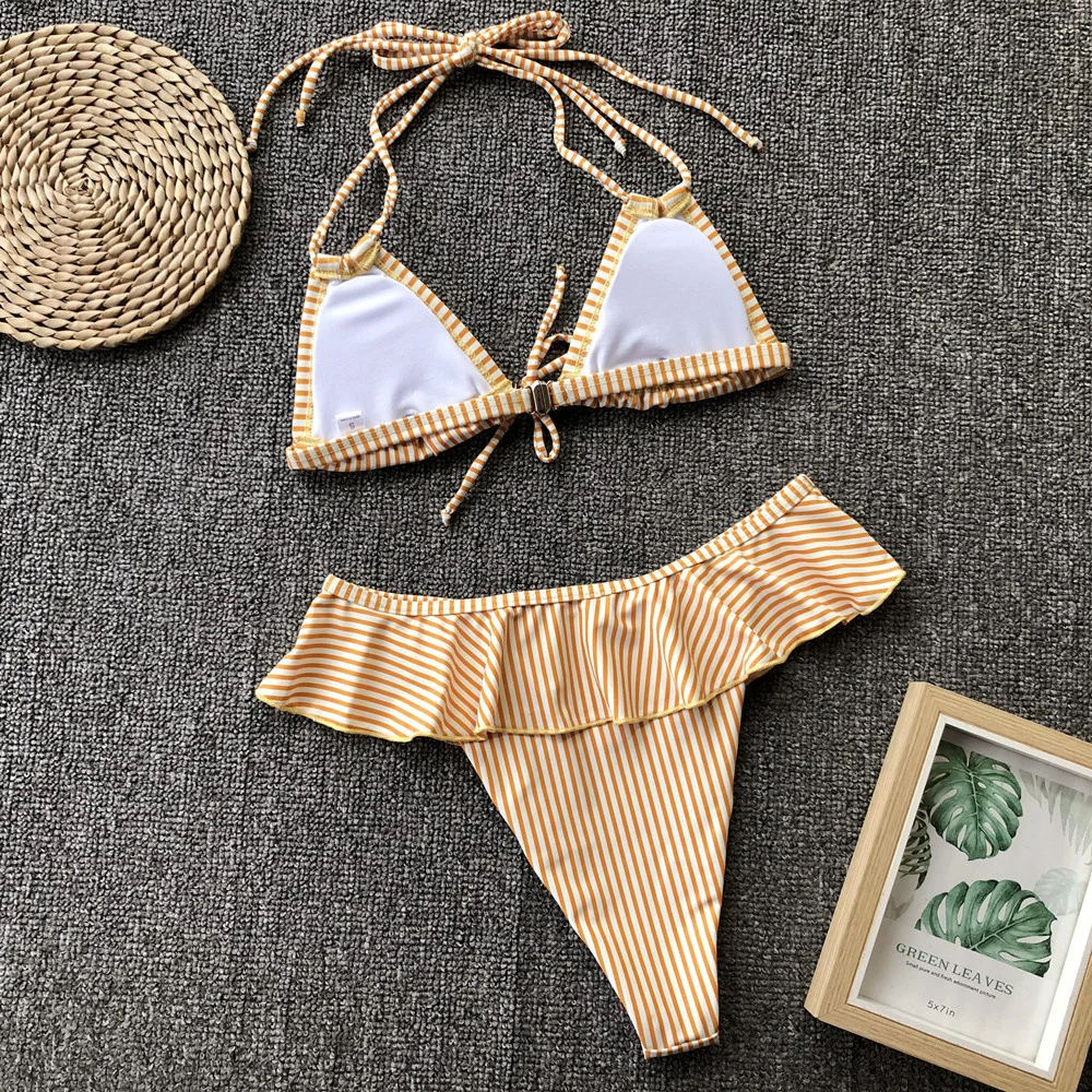 

Sexy Triangle Bikini Top Thong Swimsuit With Skirt 2021 High Cut Swimwear Women Vertical Stripe Tie Front Swim Bath Suit