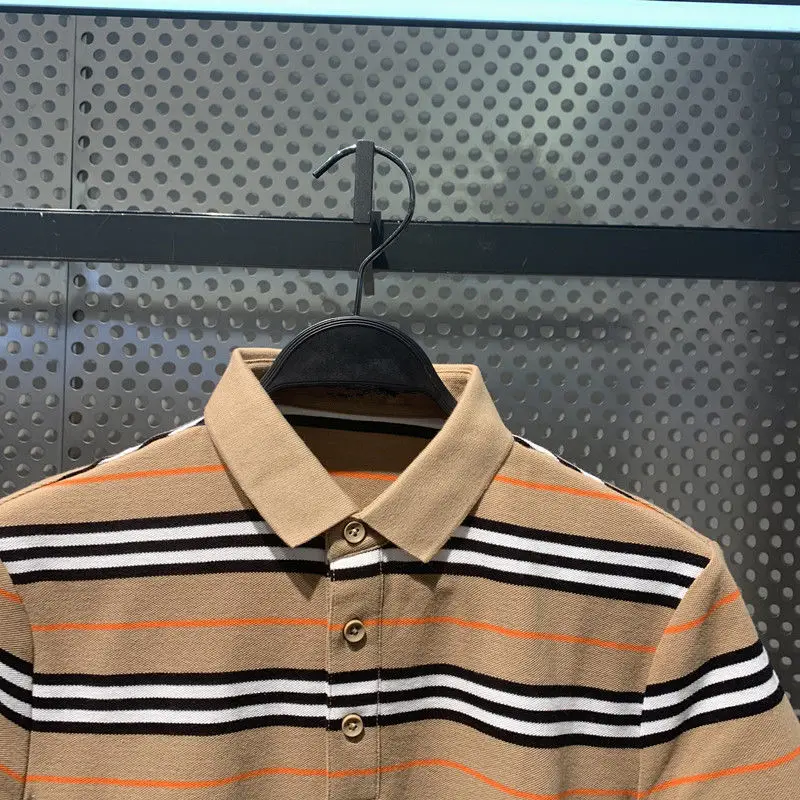 

2021 summer new men's khaki classic striped business short-sleeved slim-fit POLO shirt T-shirt