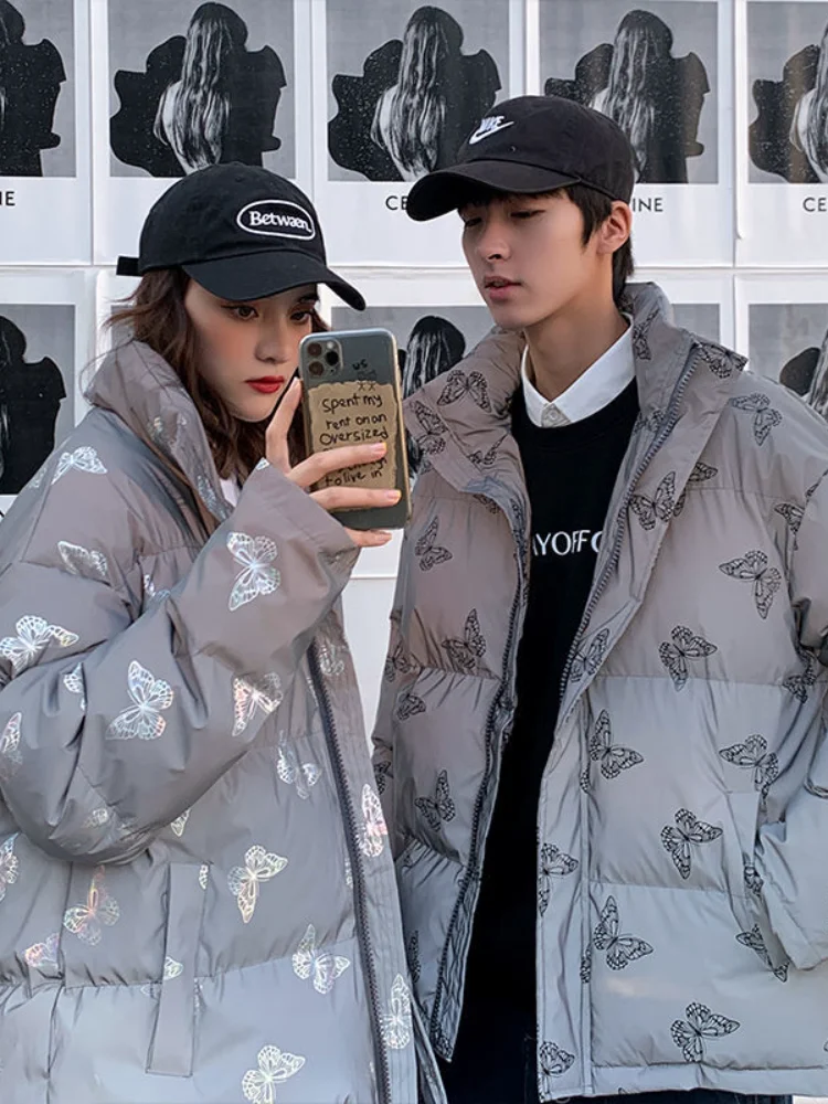

Winter New Lovers Tide Reflective Butterfly Plus Size Cotton Jacket Loose Trend Thickening Cotton Coat Men puffer jacket men