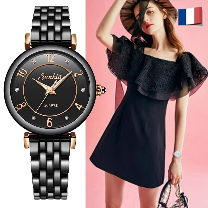 sunkta 2021 hot women watches luxury brand gift black ladies watch fashiondress wristwatch waterproof simple style reloj mujer free global shipping