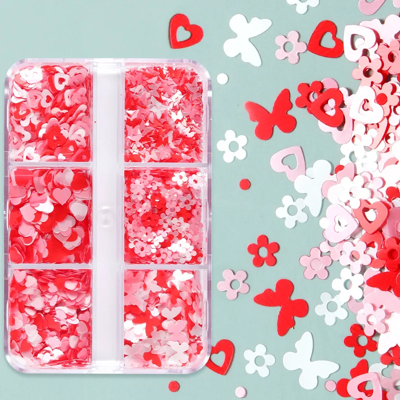 

6 Grids Shiny Hot Pink Love Heart Nail Art Glitter Sequins Butterfly Flower Mixed Flakes Set For DIY Valentines Nail Accessorie