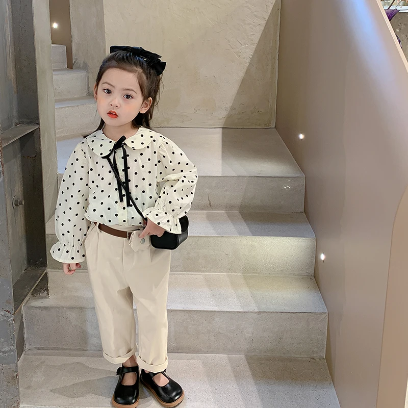 

MILA CHOU 2021 Spring Autumn Girls Cotton Dot Print Bow Blouses Turn-down Collar Cute Bow Shirts Children Top 2-8Y