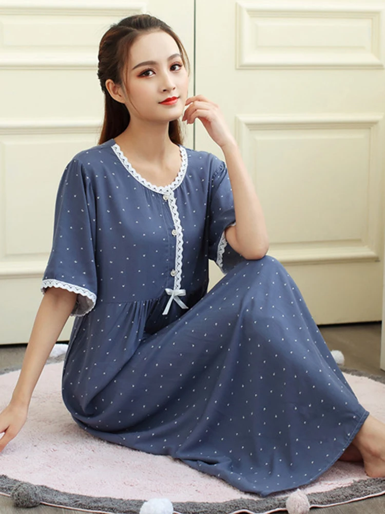 

Womens 100 Cotton Printed Nightgown For Summer Short Sleeve Loose Nightdress Cute Princess Sleepshirt Soft Long Sleeping Skirt