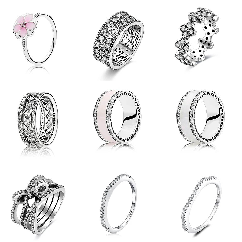 

925 Sterling Silver Ring Charms Pink Flower Diy White Epoxy Round Shape Crystal Finger Ring For Women Party Jewelry