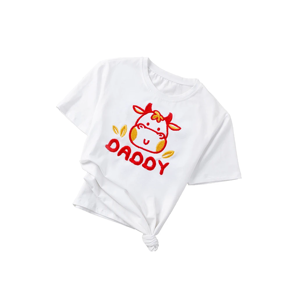 

Parent-Child Outfit About Adults Newborn Baby Short Sleeve Clothes T-shirt Cotton Cattle Design Costume With Embroidery