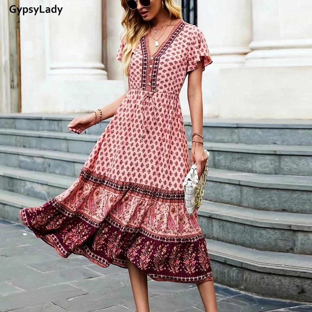 

Винтажное розовое платье-макси GypsyLady с цветочным принтом, летние праздничные женские платья в стиле бохо, повседневное шикарное женское пля...