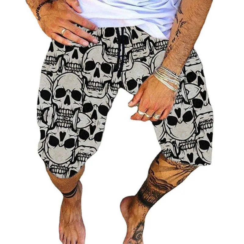 

2021 Summer Vintage Skull Print Men Cotton Linen Shorts Casual Loose Drawstring Beach Short Pant For Male Fashion Streetwear 4XL