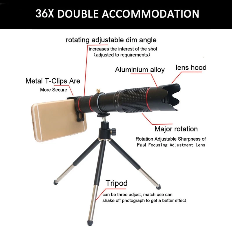 

36X Telephoto Phone Lens with Tripod, Suitable for iPhone 12, XS MAX, XS, X, 8, 7, 6, 6Plus Android Smartphones