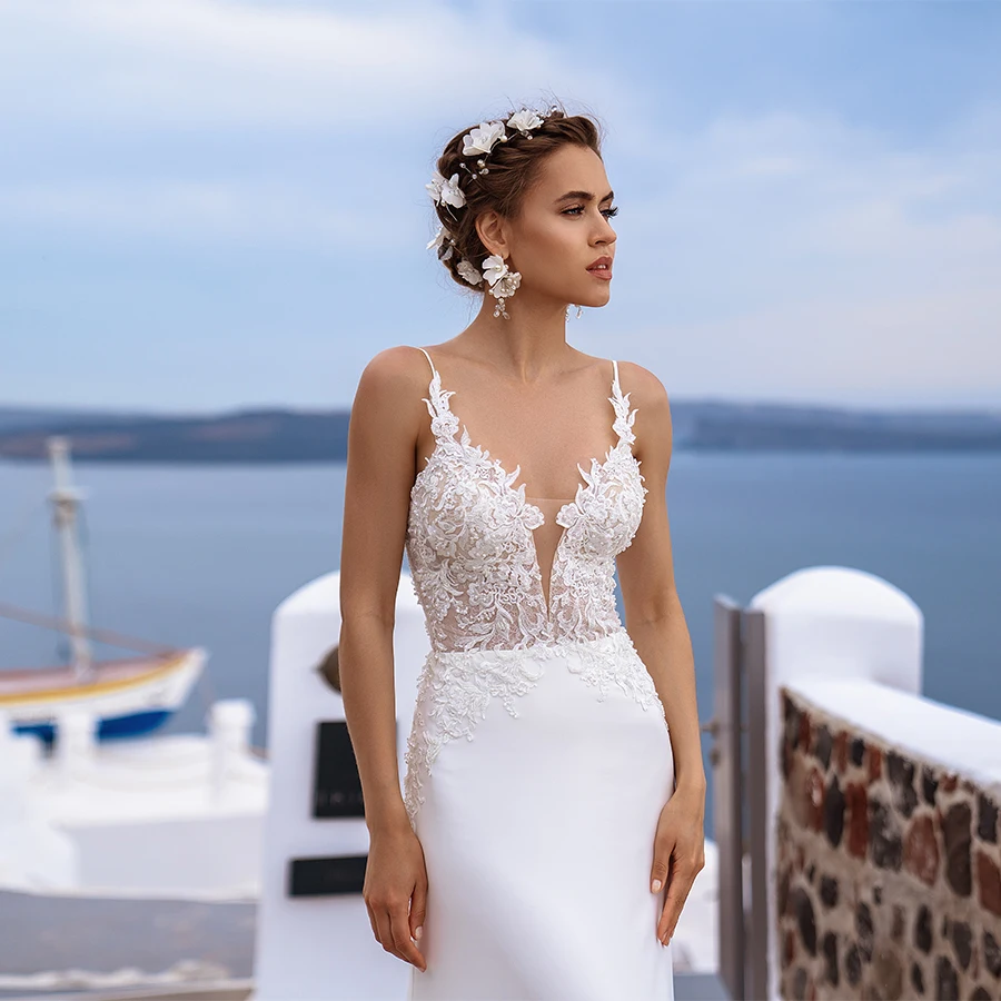 

Jiayigong Sexy Mermaid Wedding Dresses Spaghetti Straps V-neck Lace Applique Illusion Court Train Robe Mariee Wedding Dress