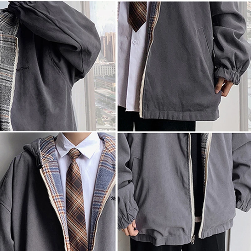 

Men Jackets Spring Hooded Students Two-sides To Wear Plaid Baggy Outwear New Harajuku Simple Cargo Jacket Male All-match Trendy
