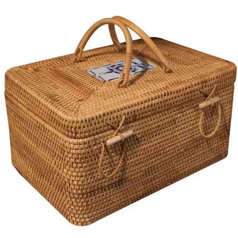 

Rattan Woven Storage Box with Lid Handmade Jewelry Box Makeup Organizer Square Portable Storage Box Desktop Storage Box