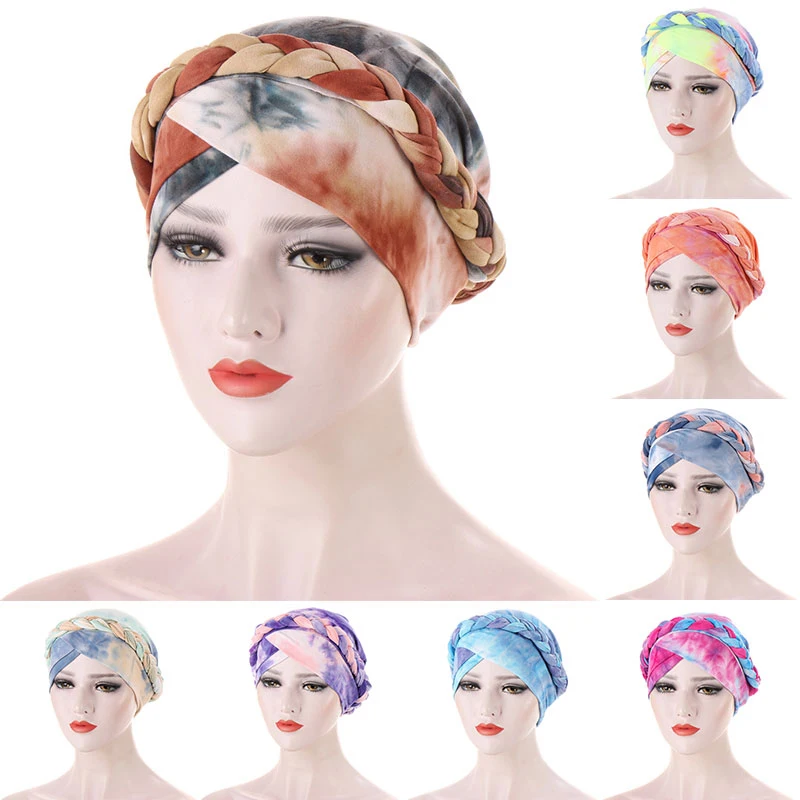

New Braid Hijab Caps Inner Bonnet Headscarf Fashion Tie-Dye Printing Turban Hat Muslim Cancer Chemo Head Wrap Ready To Wear