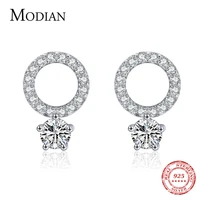 modian 925 sterling silver sparkling circle stud earrings for women hypoallergenic clear cz wedding engagement statement jewelry
