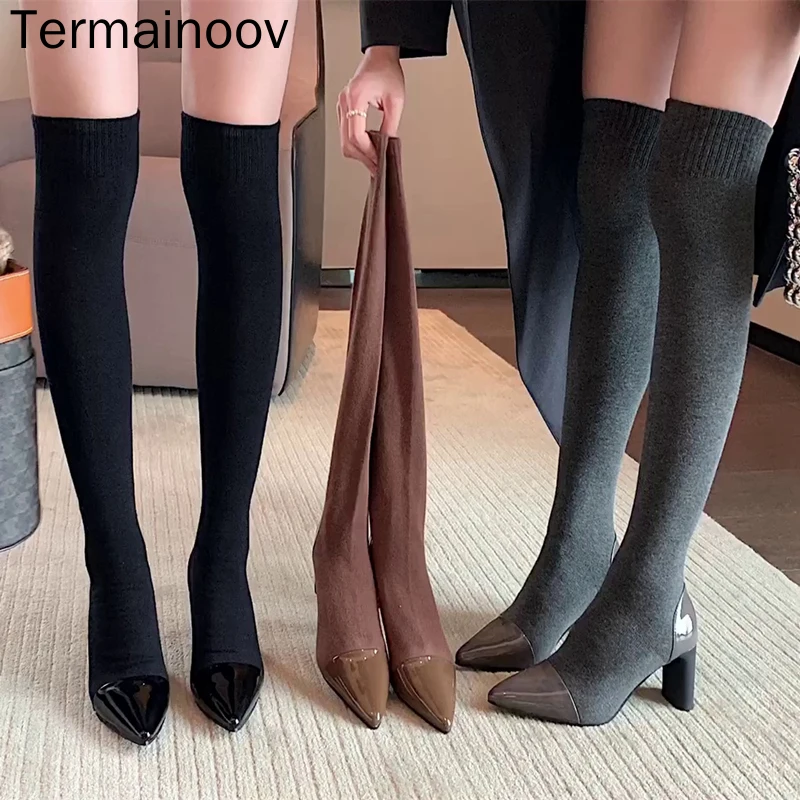 

Termainoov Women Boots Over the Knee Boots Pointed Toe Chunky Buckle Non-slip Knitting Boots Elastic Long Boots