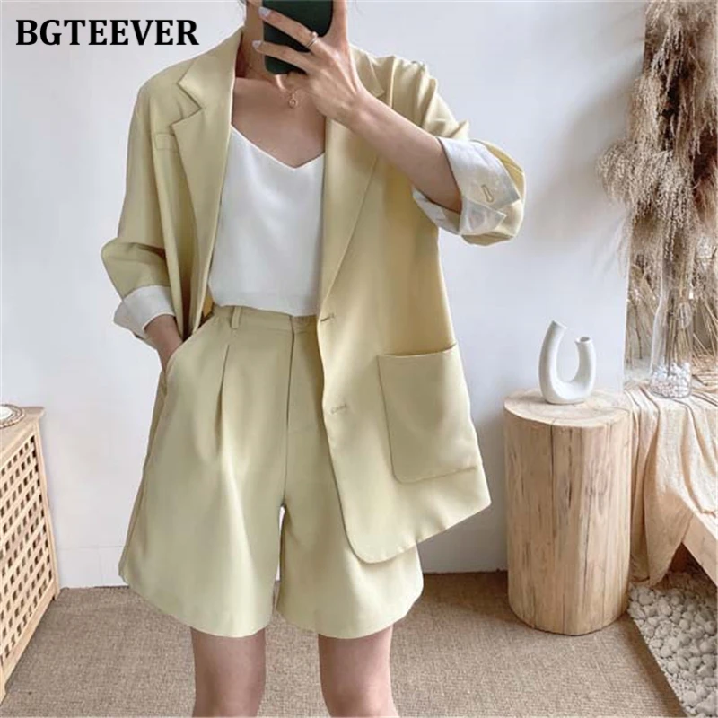 BGTEEVER Elegant Two-piece Women Blazer Suit Pockets Female Shorts Set 2020 Summer Office Ladies Short Pant Suits | Женская одежда