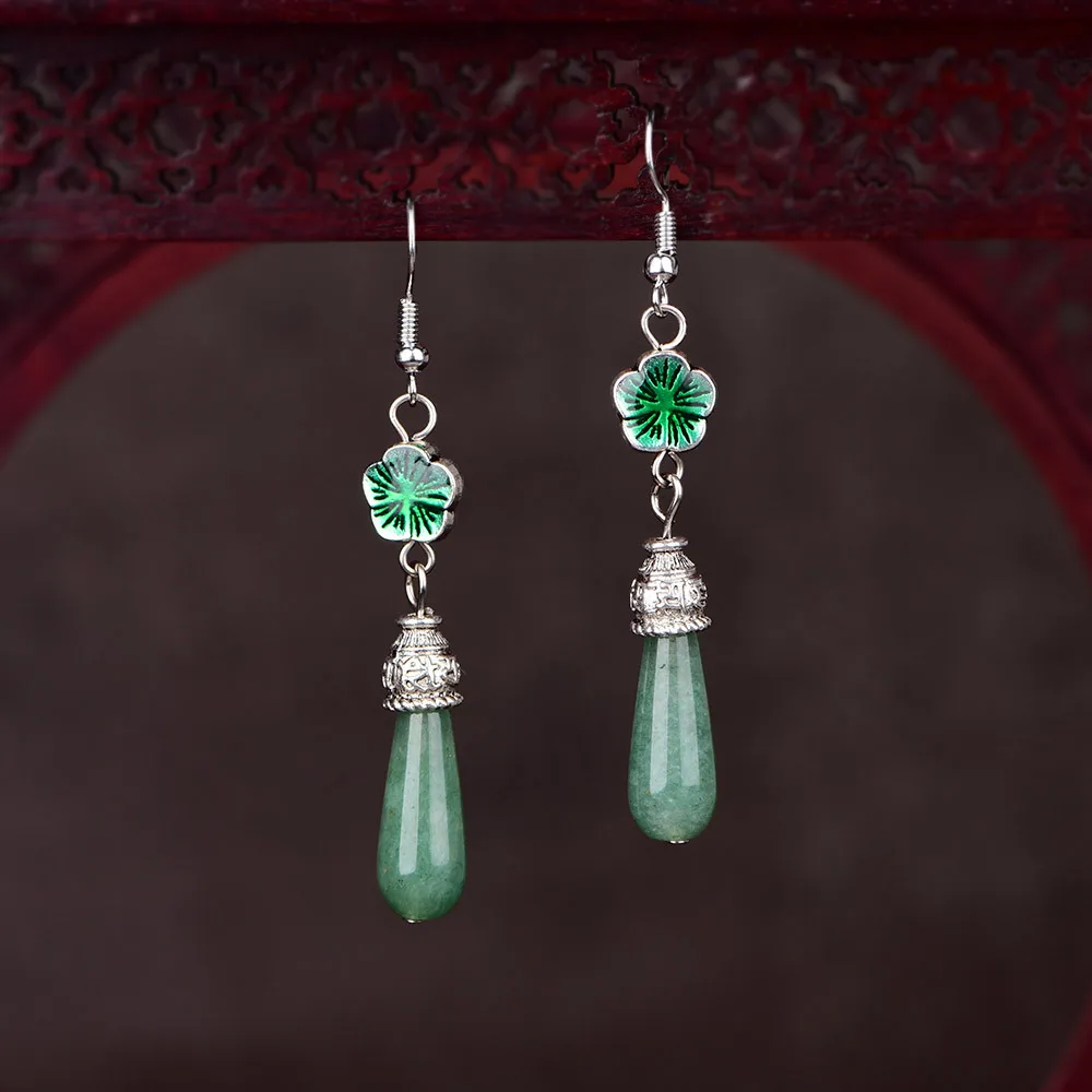 Длинные серьги в стиле водяной капли антикварные с простым темпераментом в китайском стиле Юньнань, украшенные цветным стеклом, женская модная ювелирная бижутерия.