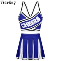 women cheerleading uniforms stage performance team dance costume elastic striped shoulder straps crop top with pleated skirt set