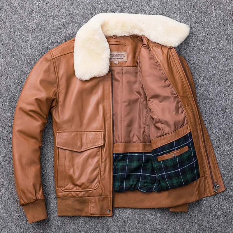 

Men's Pilot Leather Jackets Wool Collar Sheepskin Genuine Leather Coats Winter Thick Male Clothing Mens Brown Smart Casual Coat