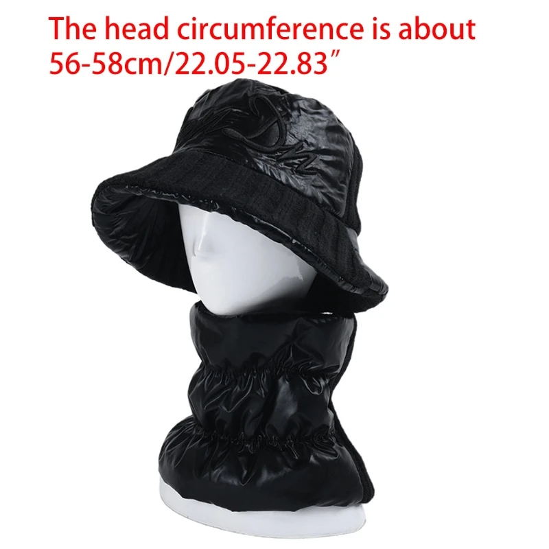 

Unisex Winter 2Pcs Bucket Circle Scarf Set Shiny Metallic Knit Letters Embroidery Fisherman Cap Plush Lined Neck Warmer