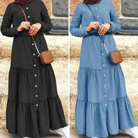 fashion demin blue shirt dress womens autumn ruffle vestidos zanzea casual turkish robe female button muslim dress