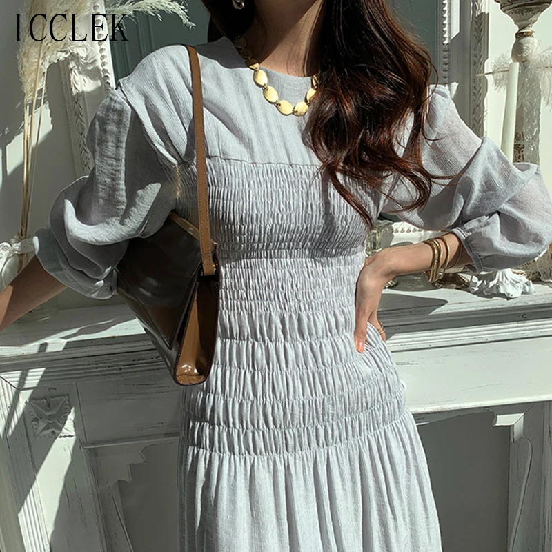 

Vintage Dress Korean Fashion Ladies Dress New 2021 O Neck Pleated Knee-Length Puff Sleeve Dress Solid Color Long Dress Female