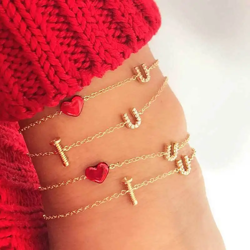 

Multi Layer Red I Love U Letters Chain Bracelets Sets For Girls Woman Fashion Jewelry Gifts Summer Holiday-YS