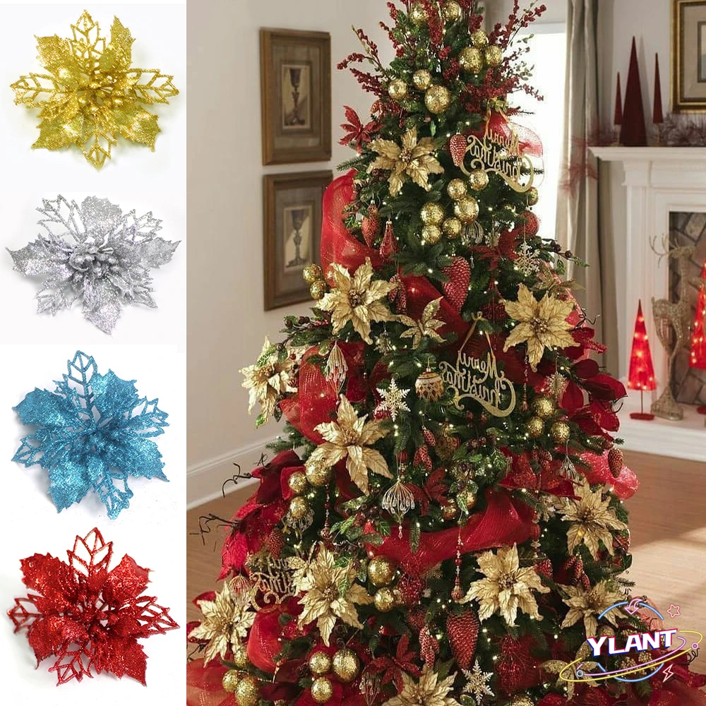 

5/10pcs Christmas Artifical Flowers Hollow Out Glitter Xmas Tree Ornaments Fake Flower Navidad New Year Decorations Home Party