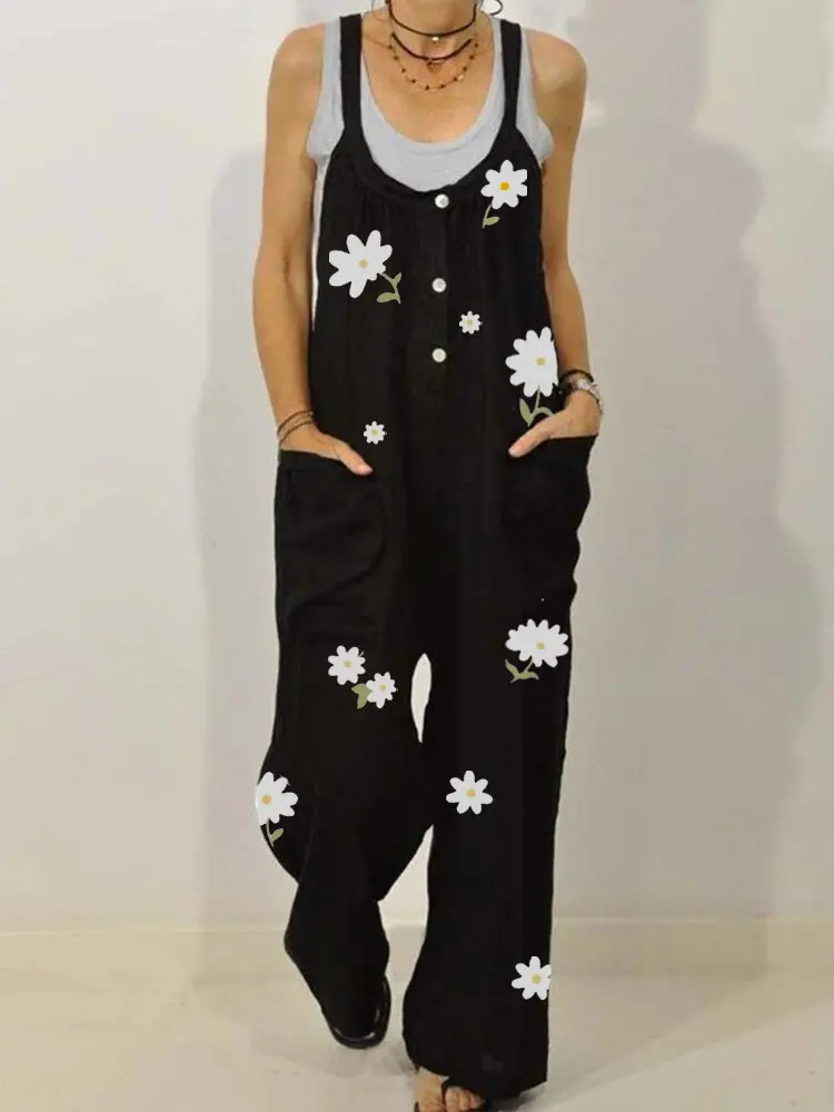 

Women Loose Style Overalls Floral Printed Pattern Sleeveless U-shaped Collar Pockets Jumpsuit Suspender Trousers