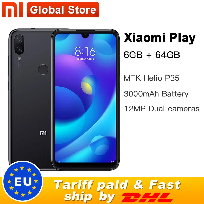 Xiaomi Mi Play 64 Гб ПЗУ 6 ГБ ОЗУ смартфон четыре ядра MTK Helio P35 телефон 5 84 дюймов 19:9 полный