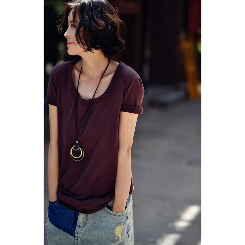 Футболка женская из чистого хлопка с круглым вырезом большого размера | Женская